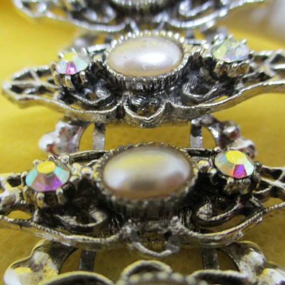 VICTORIAN REVIVAL RHINESTONE Bracelet A B Rhinestone Faux Pearl Filigree Silver - Picture 8 of 16